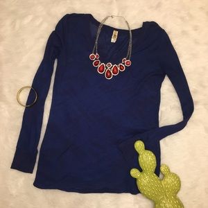 BKE Blue Burnout Long Sleeve V Neck Shirt